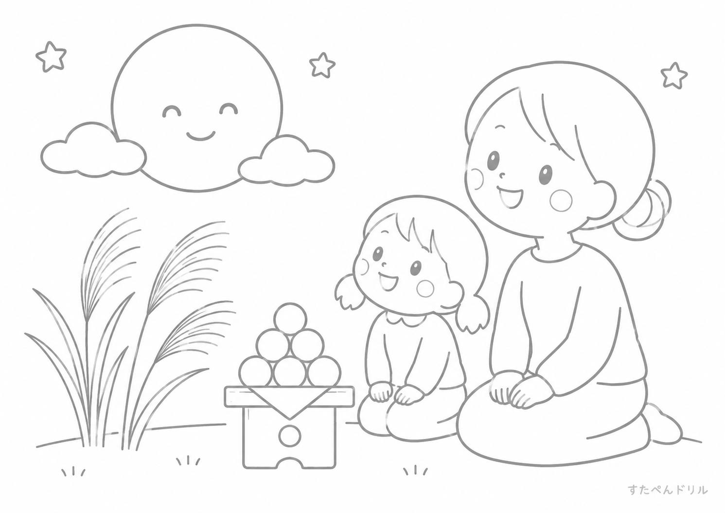 親子でお月見をする9月の塗り絵PDF