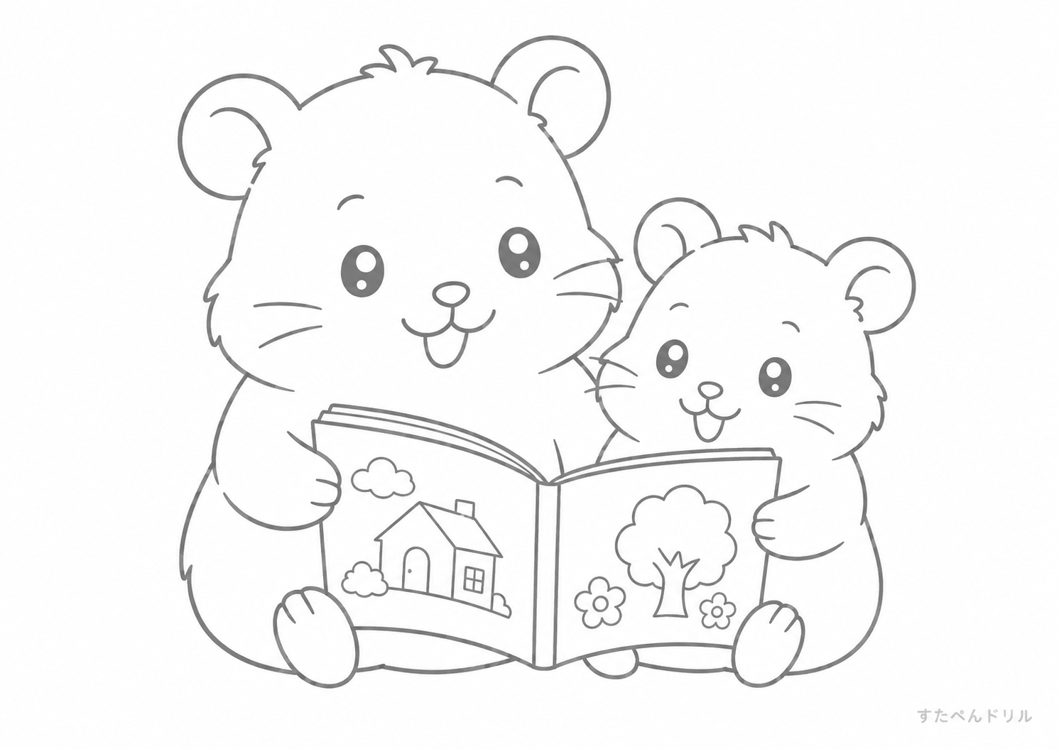 親子で本を読むハムスター ぬりえプリント A4 無料PDF