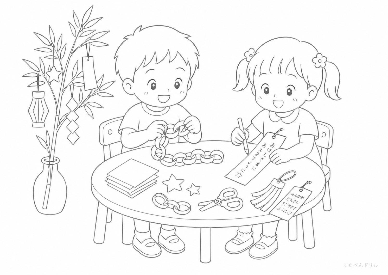 七夕飾りを作る友だち 7月ぬりえ無料