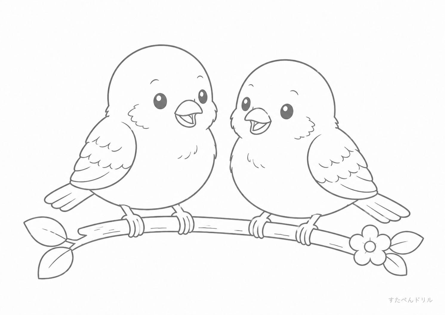 とりのぬりえ 小枝のなかよし鳥 A4 無料PDFダウンロード印刷