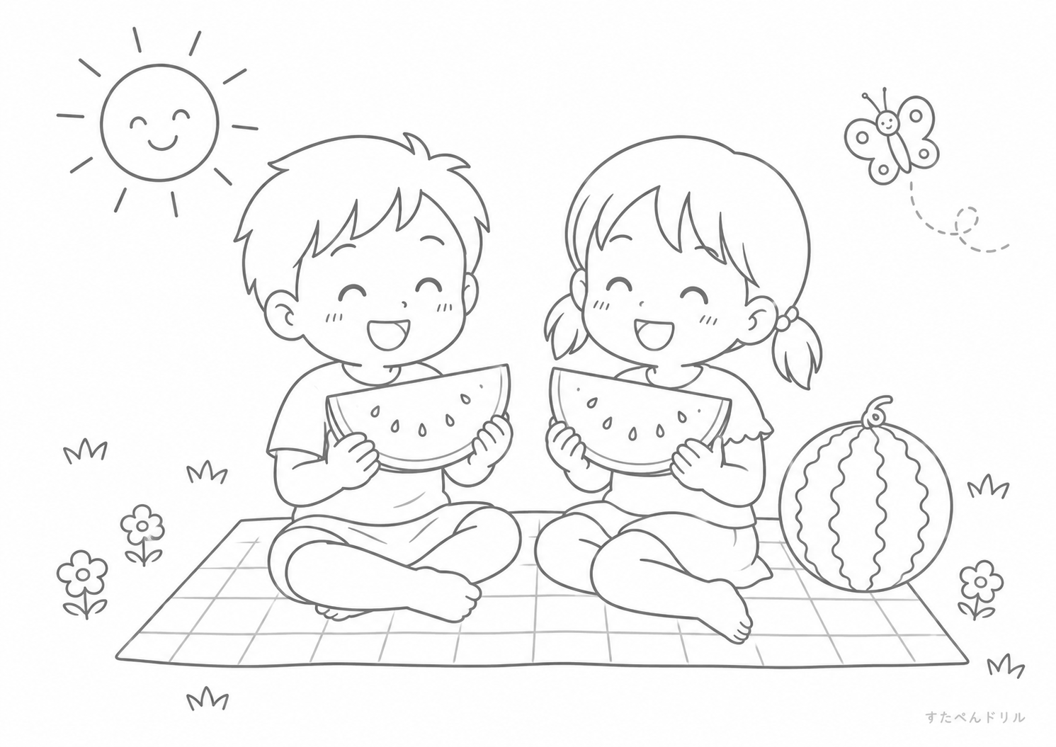 8月のぬりえ「すいかを囲むピクニック」無料プリント