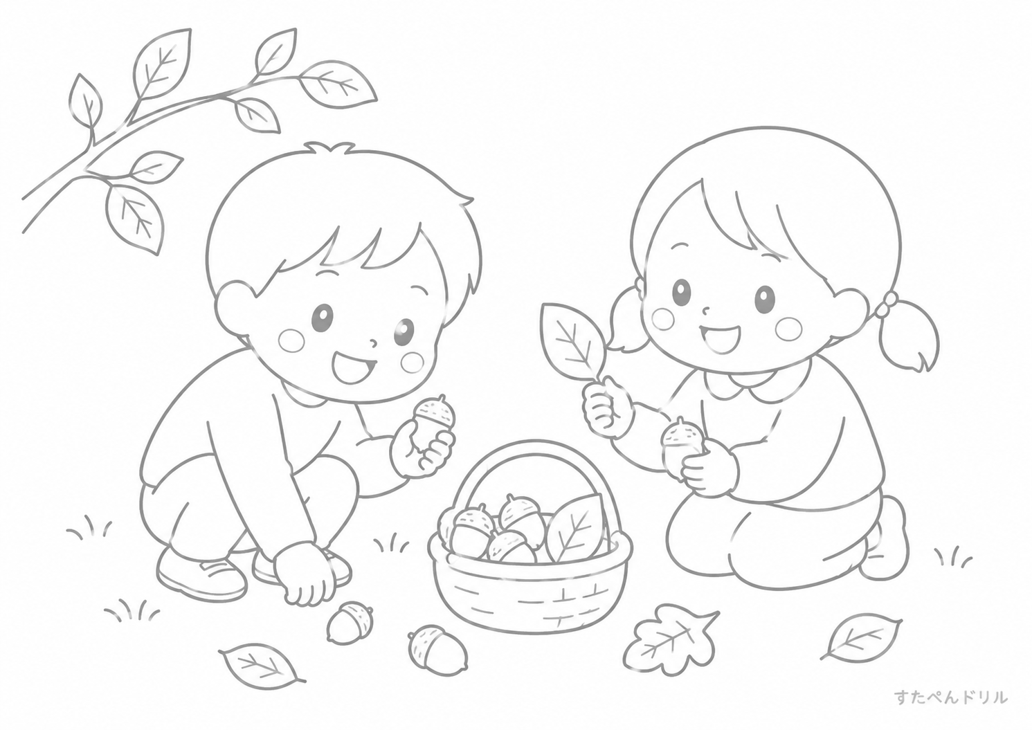 どんぐり拾いをする子どもの秋ぬりえ