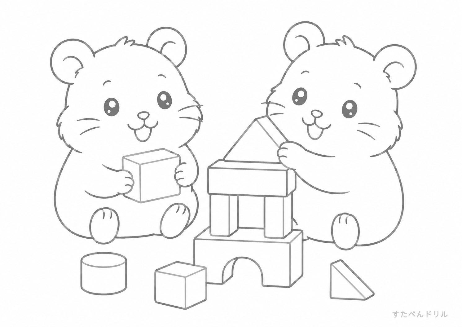 友だちとブロックで遊ぶハムスター ぬりえプリント A4 無料PDF