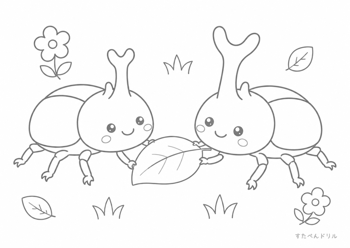 葉っぱで遊ぶカブトムシ カブトムシのぬりえプリント PDF無料ダウンロード