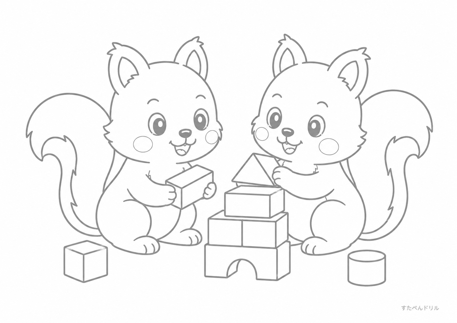 友だちと積み木で遊ぶリス リス ぬりえ 塗り絵 無料プリント PDF