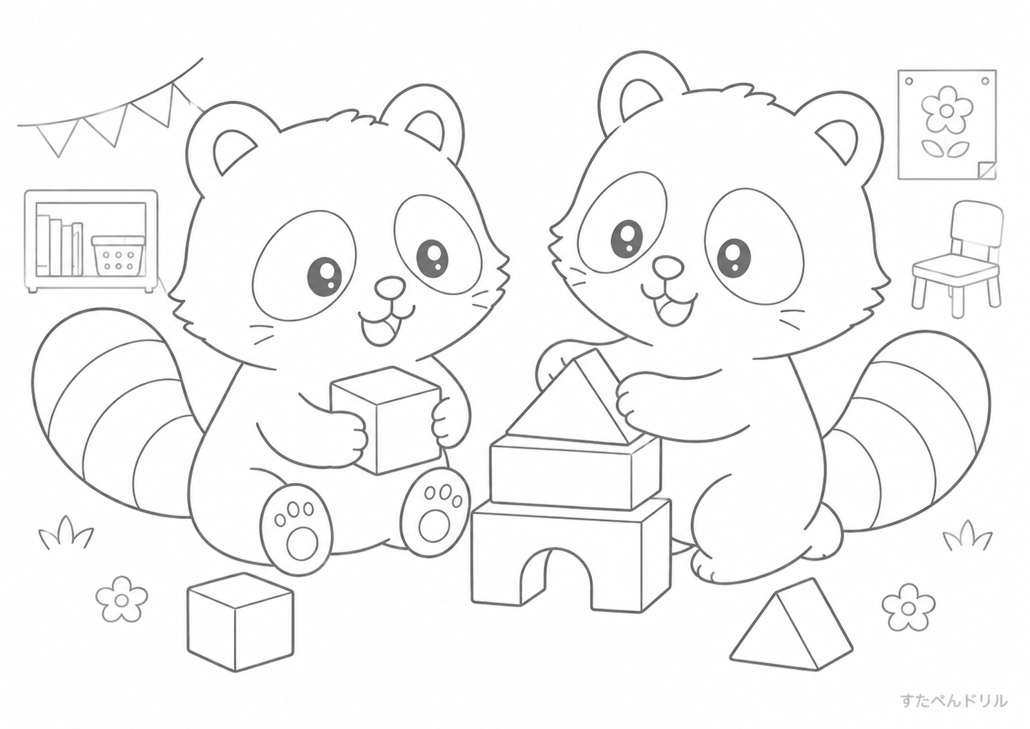 友だちと積み木で遊ぶたぬきのぬりえプリント