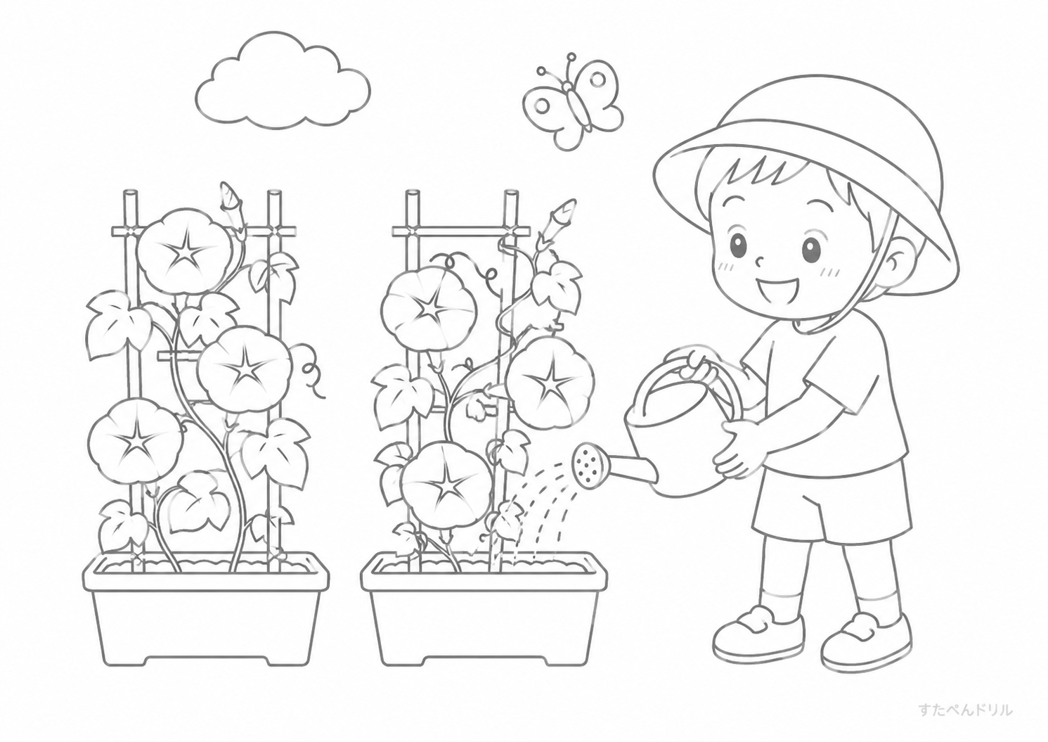 8月のぬりえ「朝顔の水やり」無料プリント