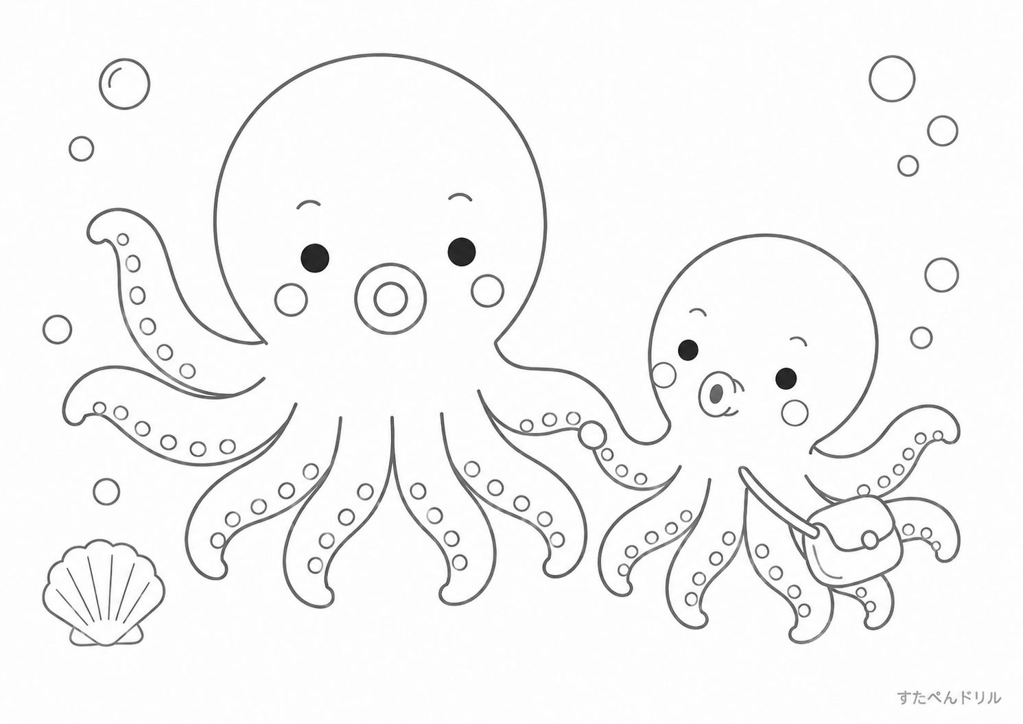 タコの親子のぬりえ 無料プリント A4 PDF