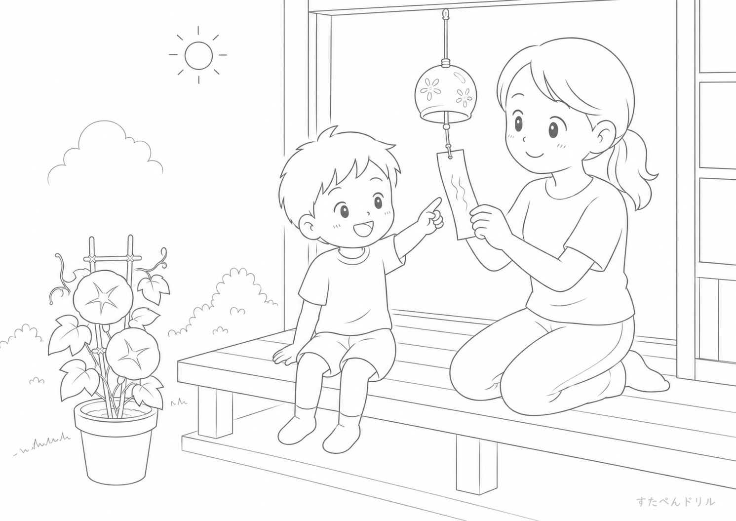 風鈴と笑顔 夏のぬりえプリント