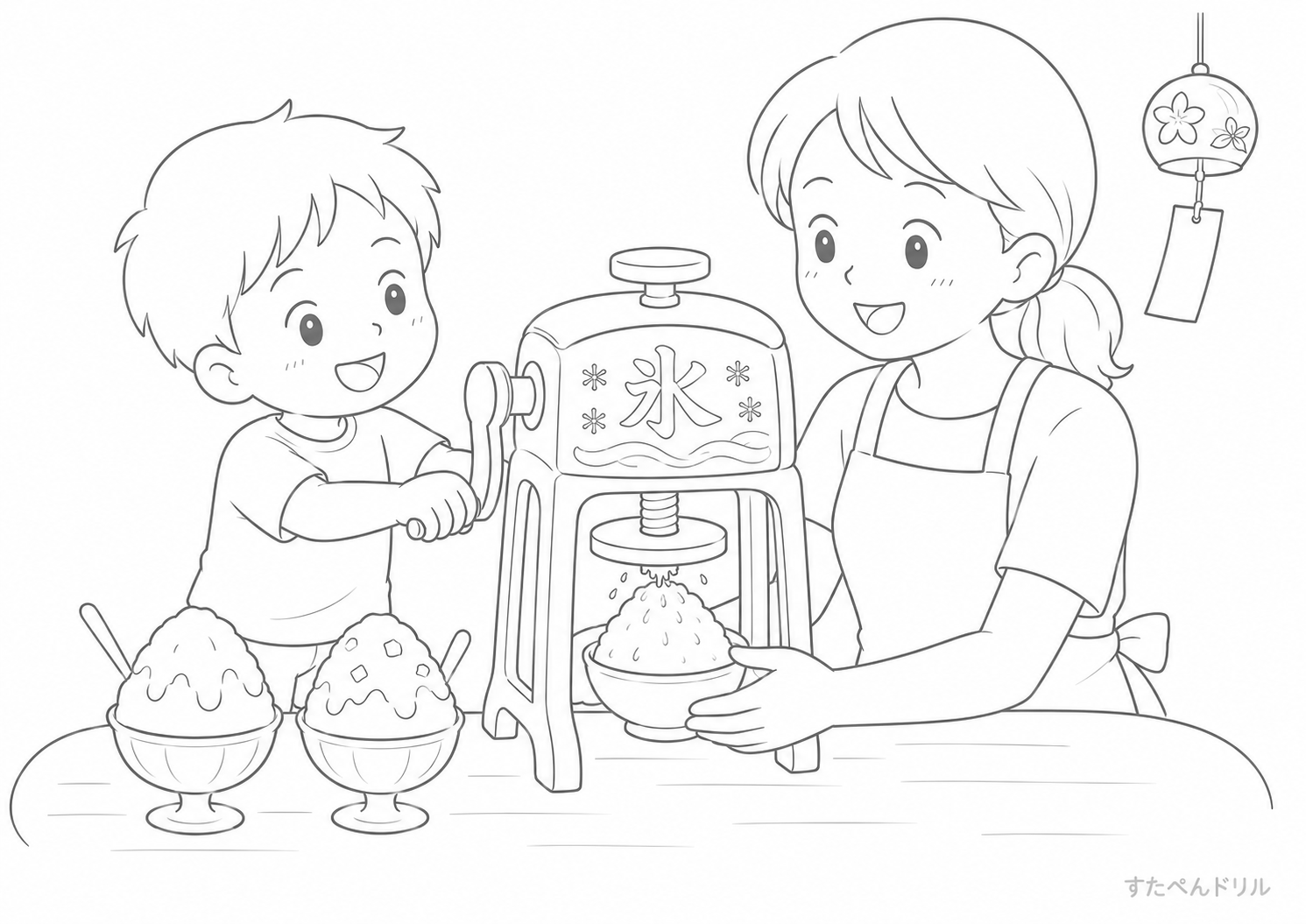 8月のぬりえ「家族でかき氷」無料プリント