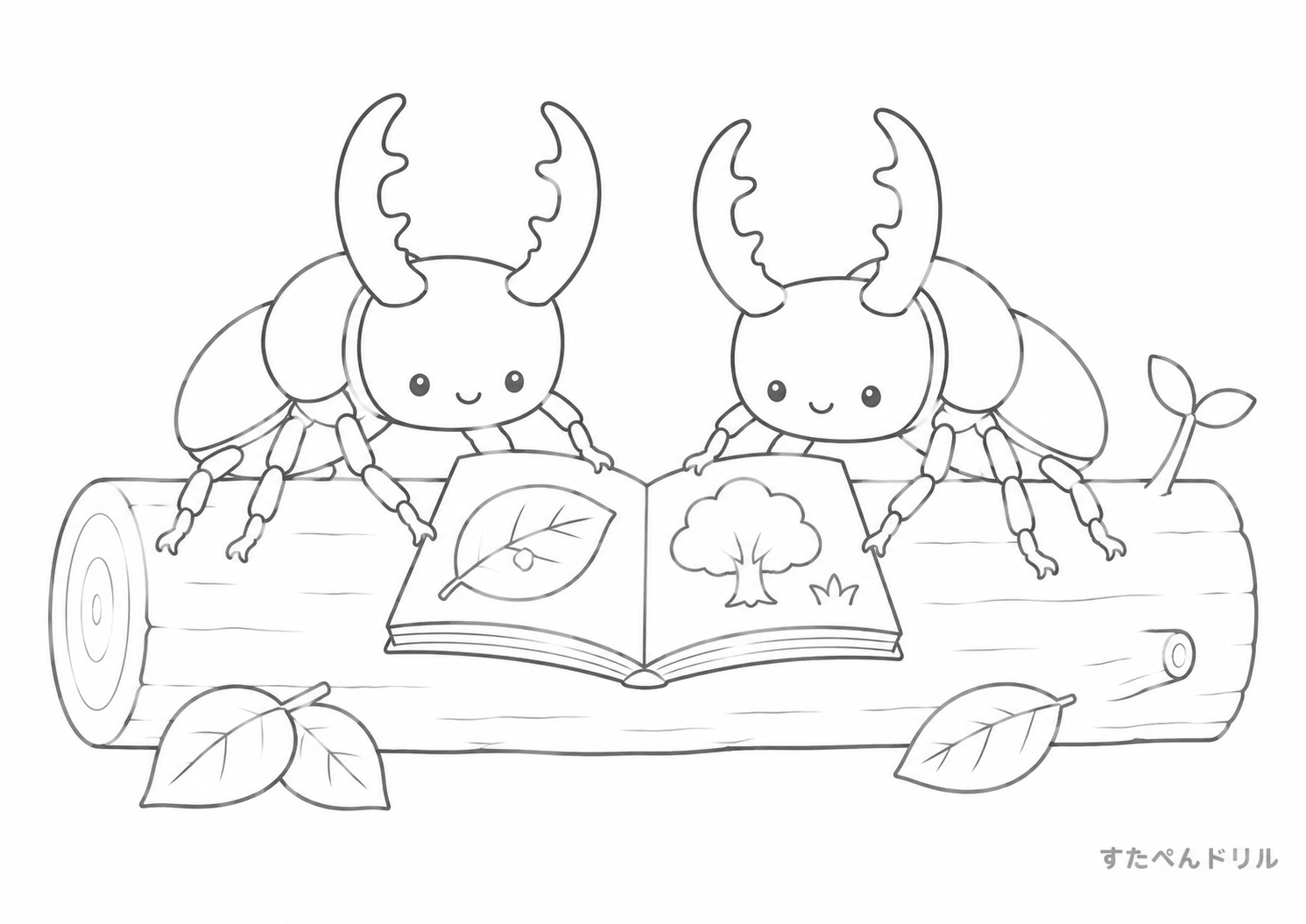 本を読むクワガタのクワガタぬりえ無料プリント