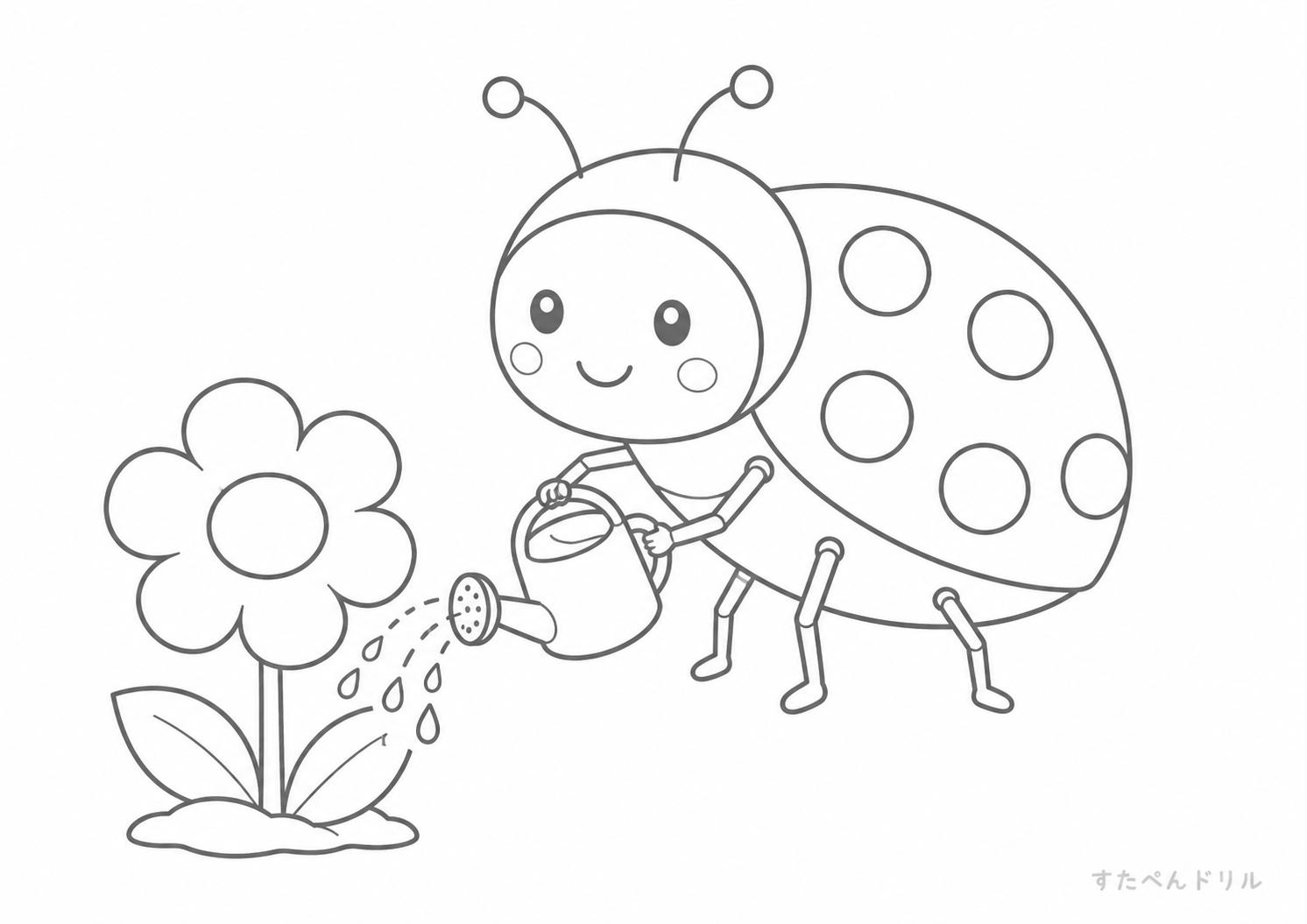 お花に水やりするてんとう虫 てんとう虫のぬりえ無料プリント