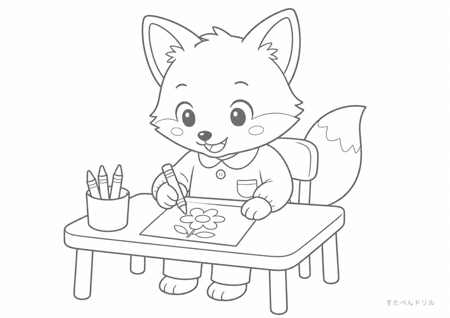 お絵かきするキツネ ぬりえプリント A4 PDF 無料ダウンロード
