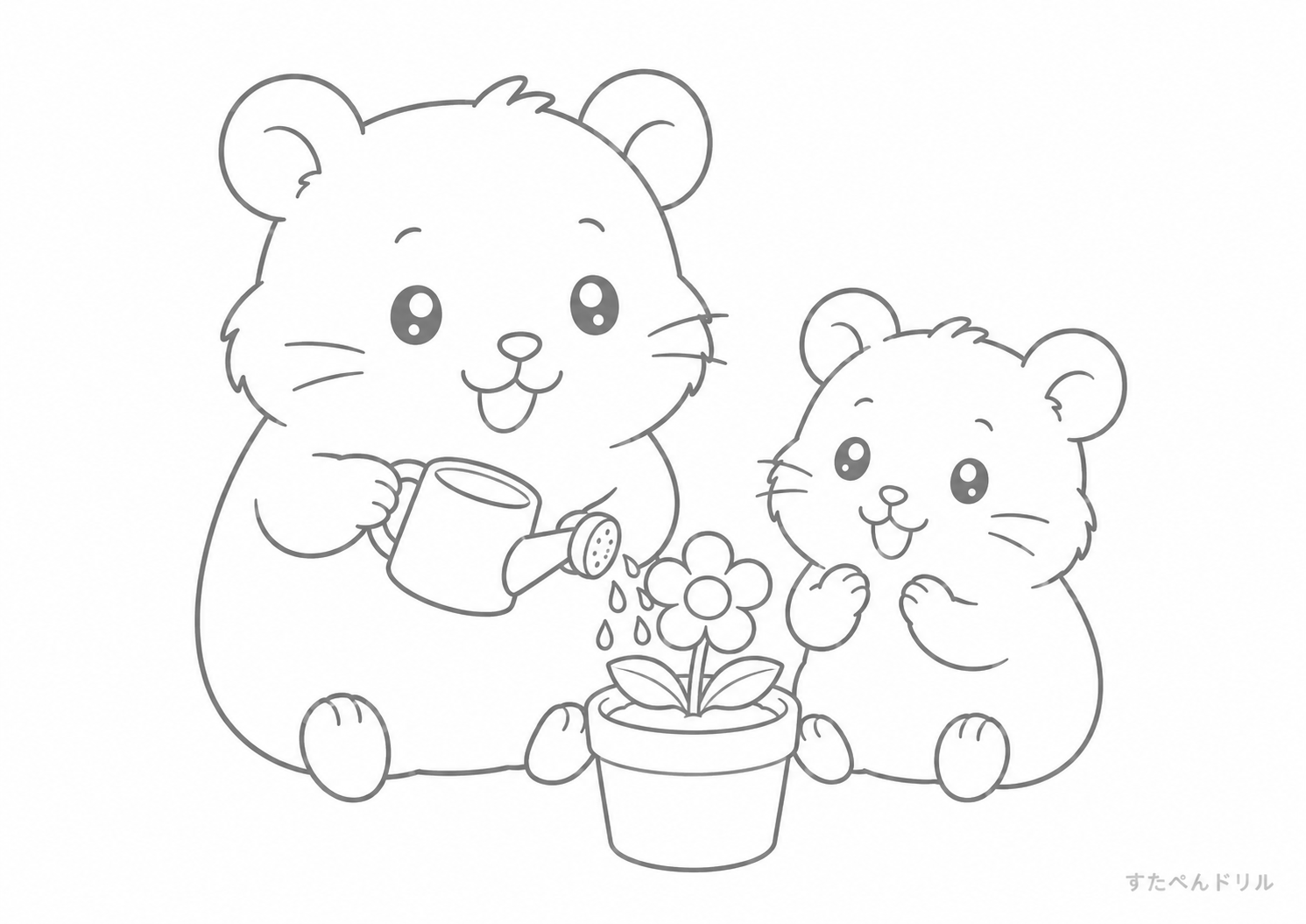 親子で花に水やりするハムスター ぬりえプリント A4 無料PDF