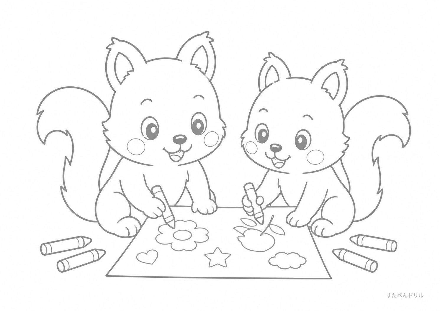 友だちとお絵かきするリス リス ぬりえ 塗り絵 無料プリント PDF