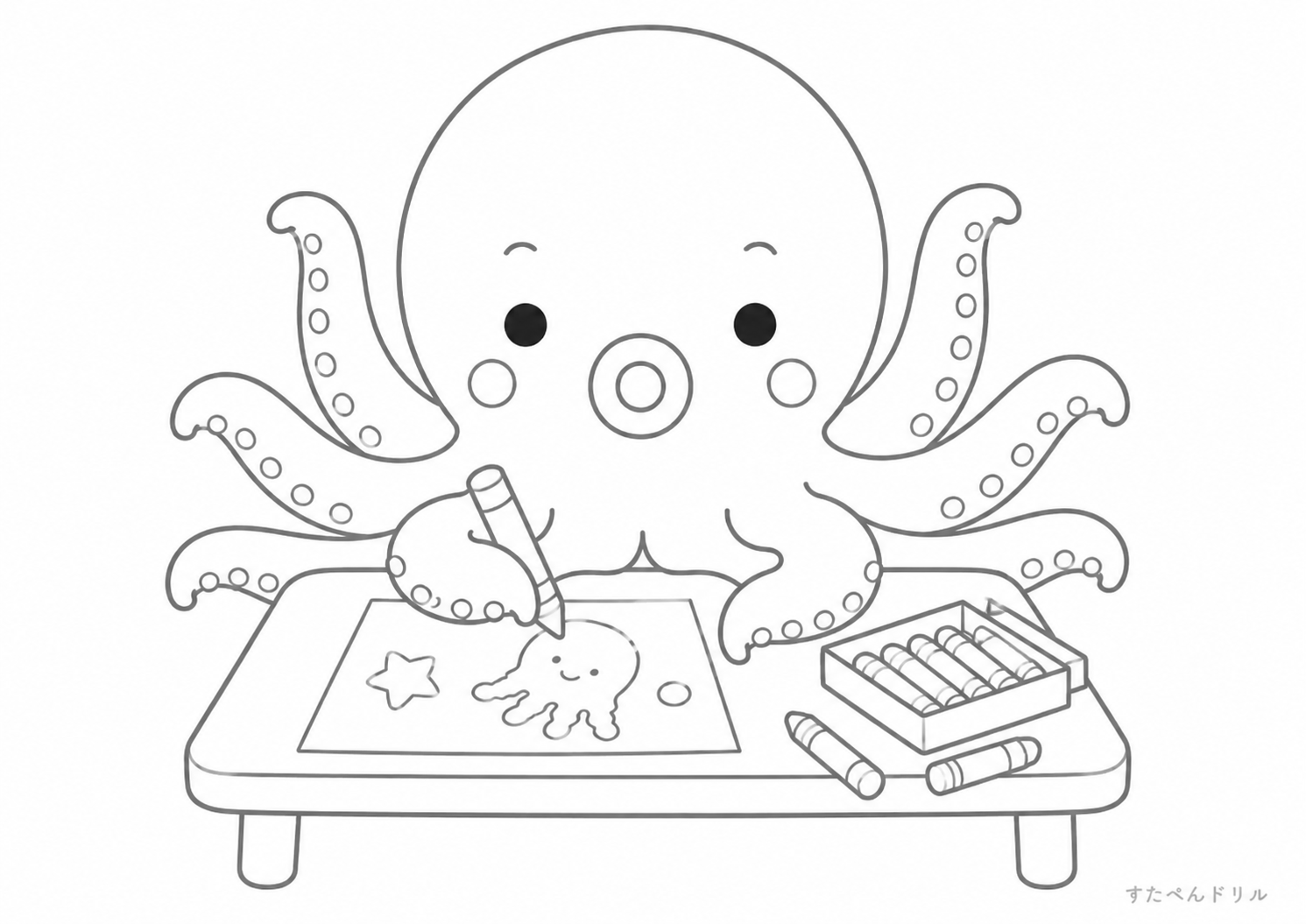 お絵かきをするタコのぬりえ 無料プリント A4 PDF