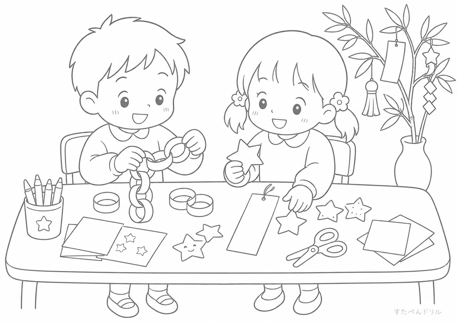 七夕飾りを作る友だち 七夕のぬりえ無料プリントPDF