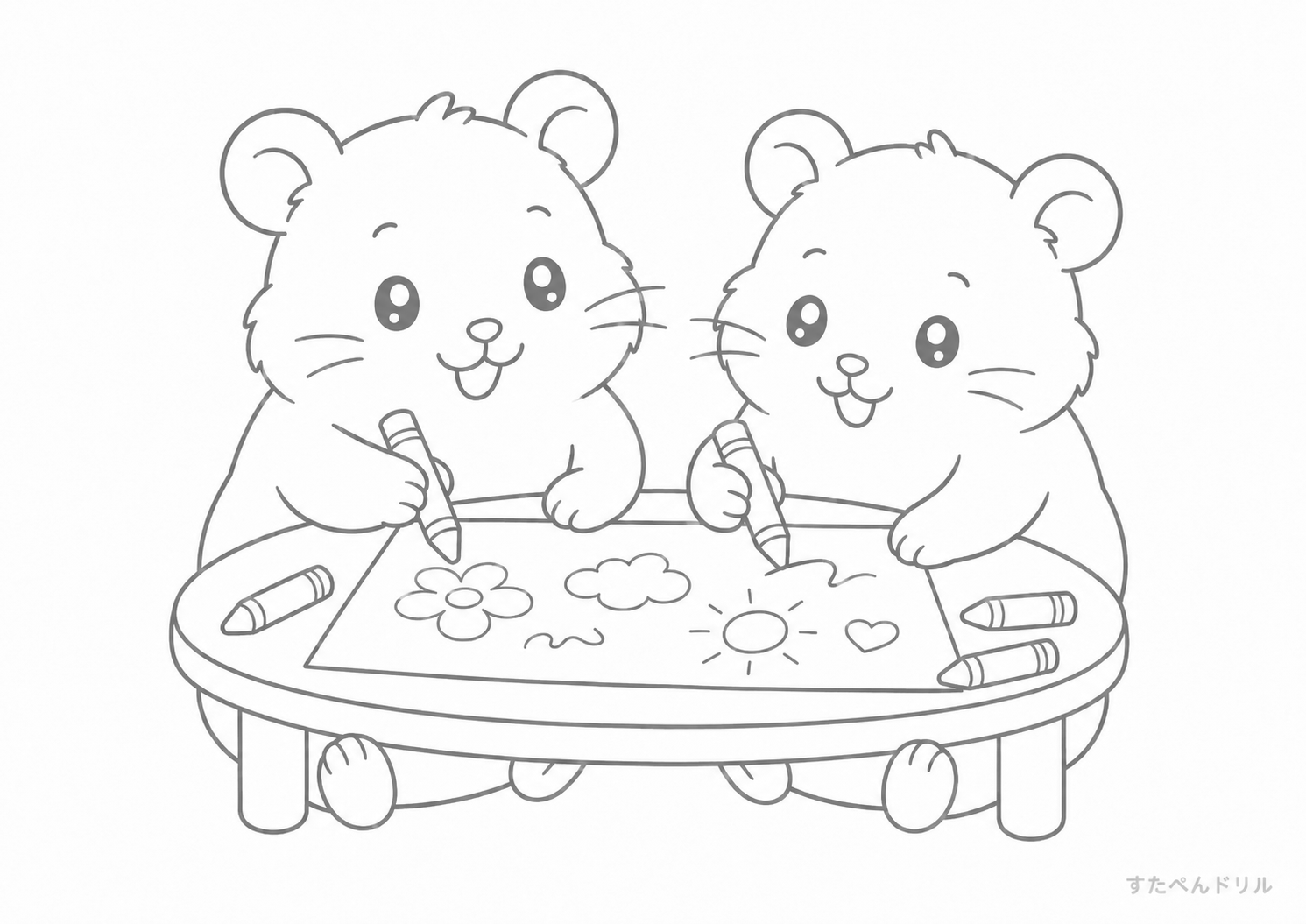 友だちとお絵かきするハムスター ぬりえプリント A4 無料PDF
