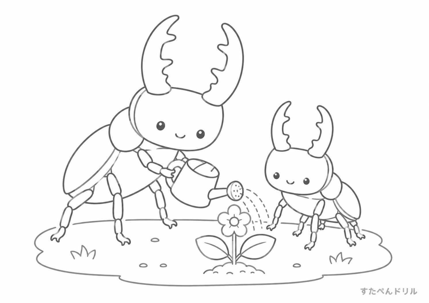 花に水やりをするクワガタのクワガタぬりえ無料プリント