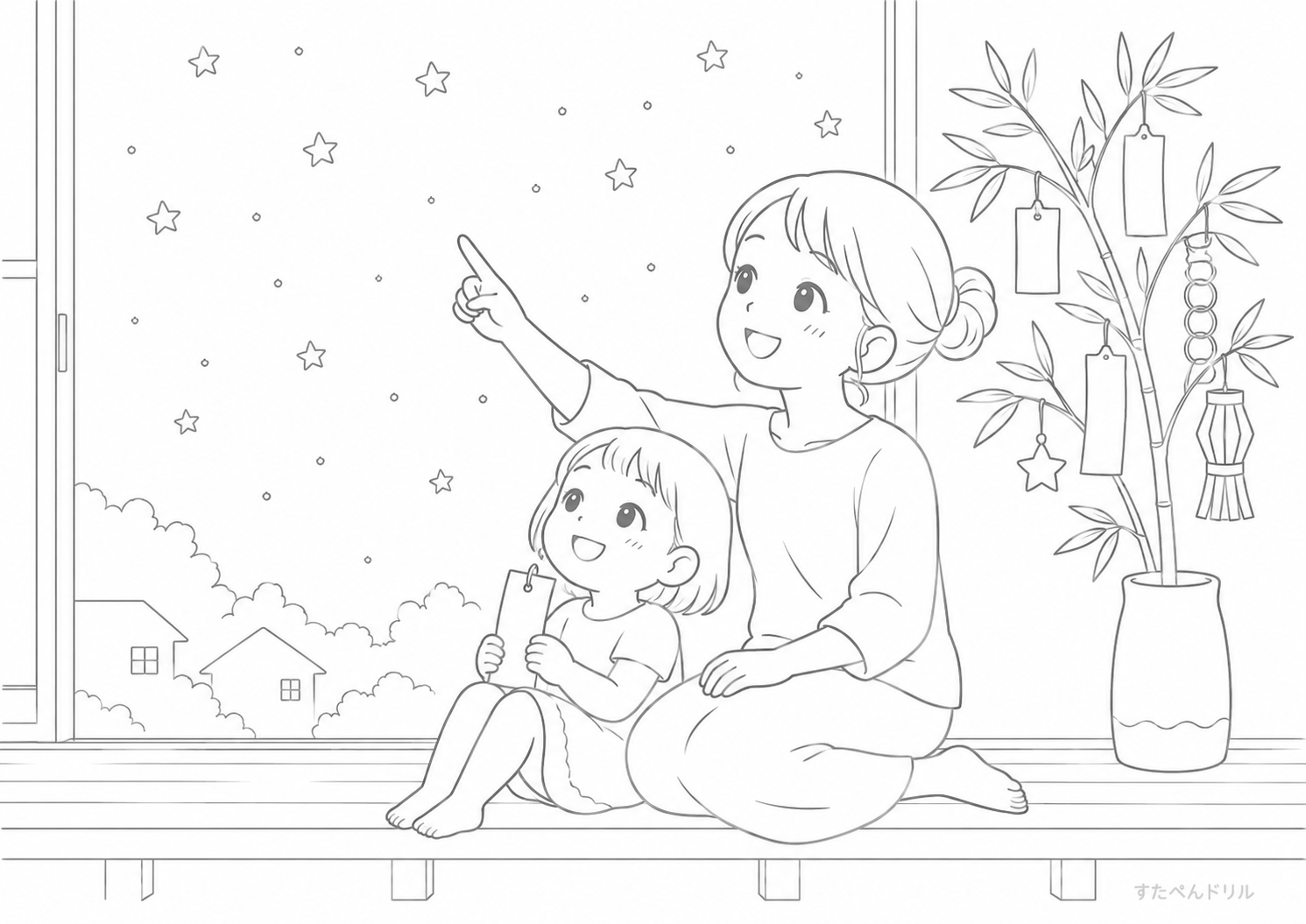 親子で星空観察 七夕のぬりえ無料プリントPDF