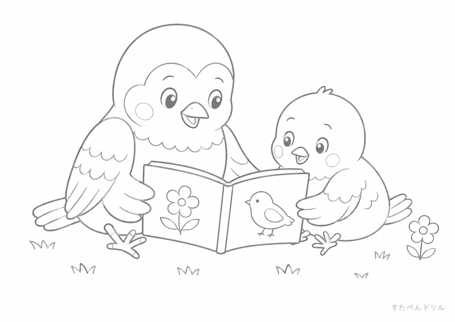 とりのぬりえ 絵本を読む親子鳥 A4 無料PDFダウンロード印刷