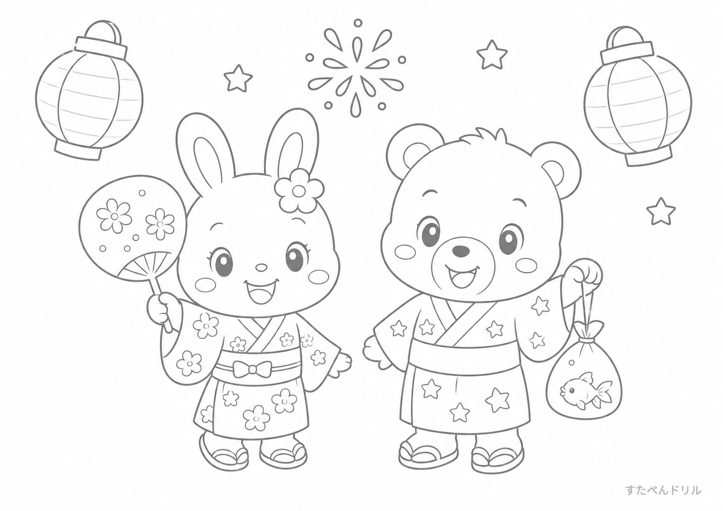 8月のぬりえ「動物たちの夏祭り」無料プリント