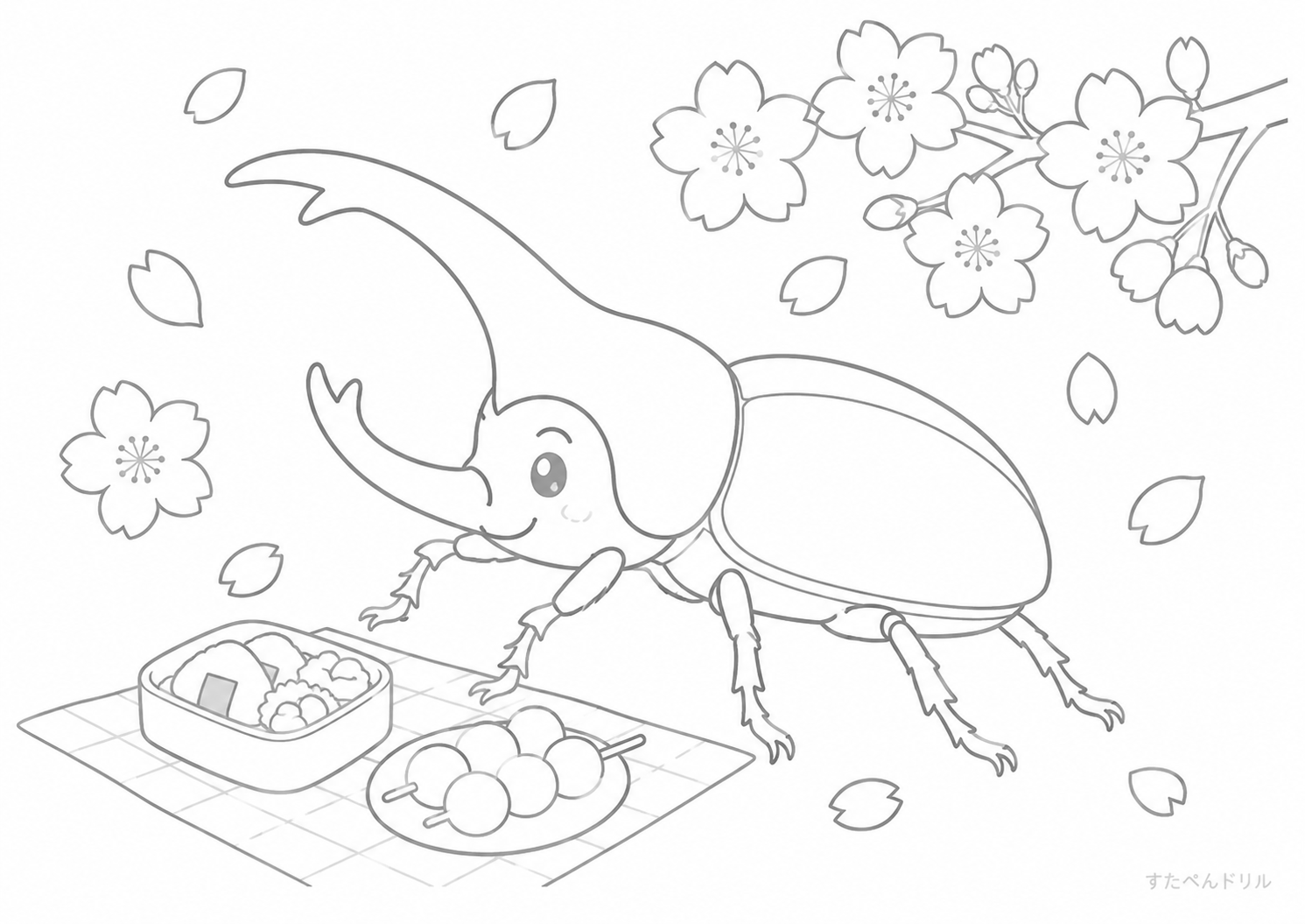 春のピクニックとヘラクレスオオカブトぬりえ