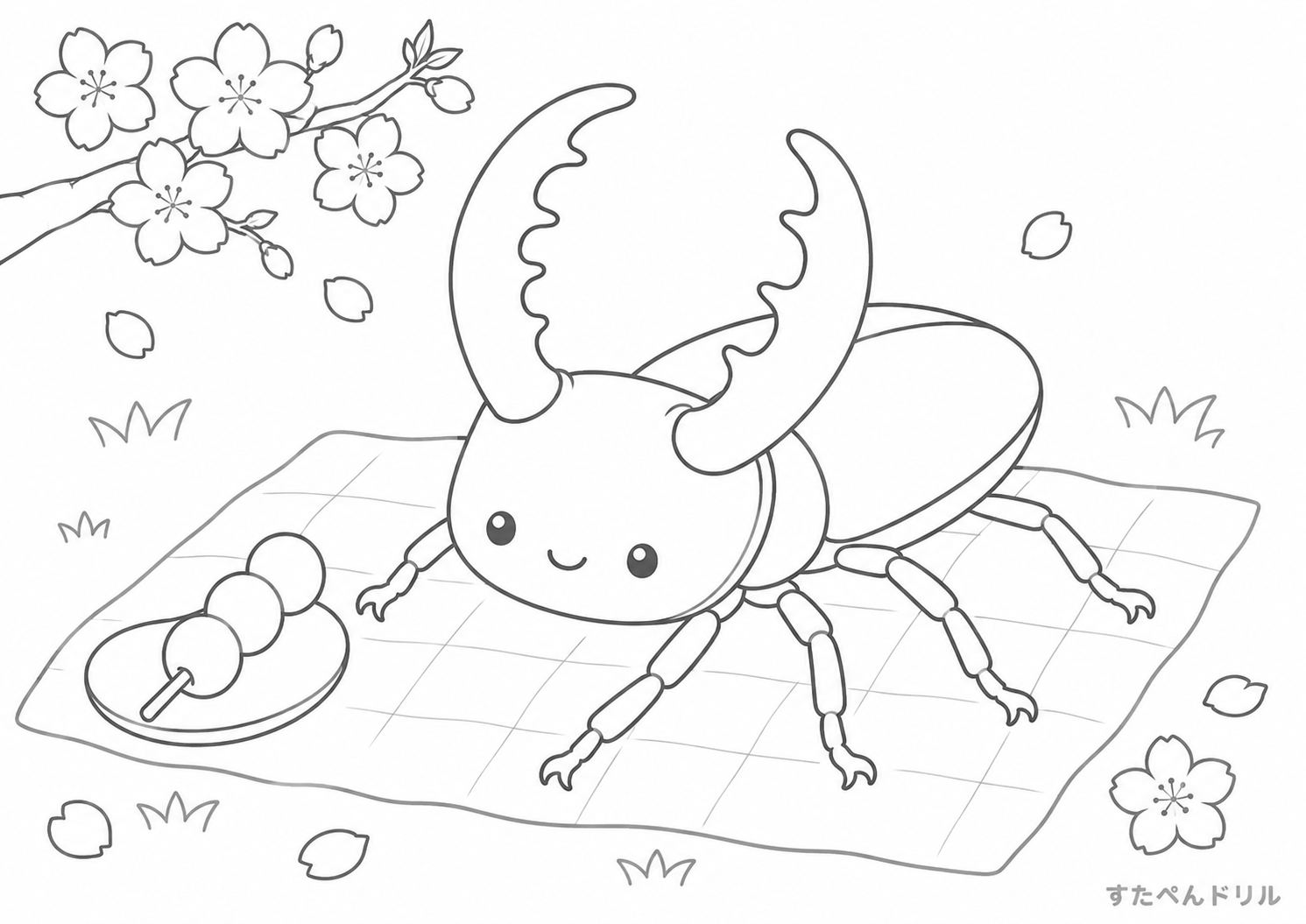 お花見をするクワガタのクワガタぬりえ無料プリント