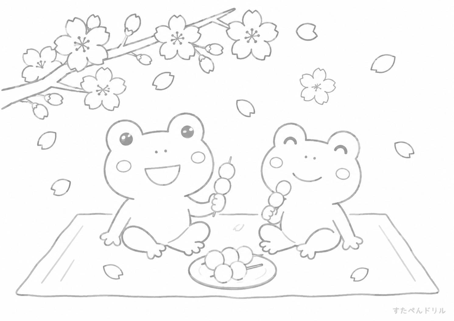 桜とお花見のかえる かえる ぬりえ 無料プリント PDFダウンロード