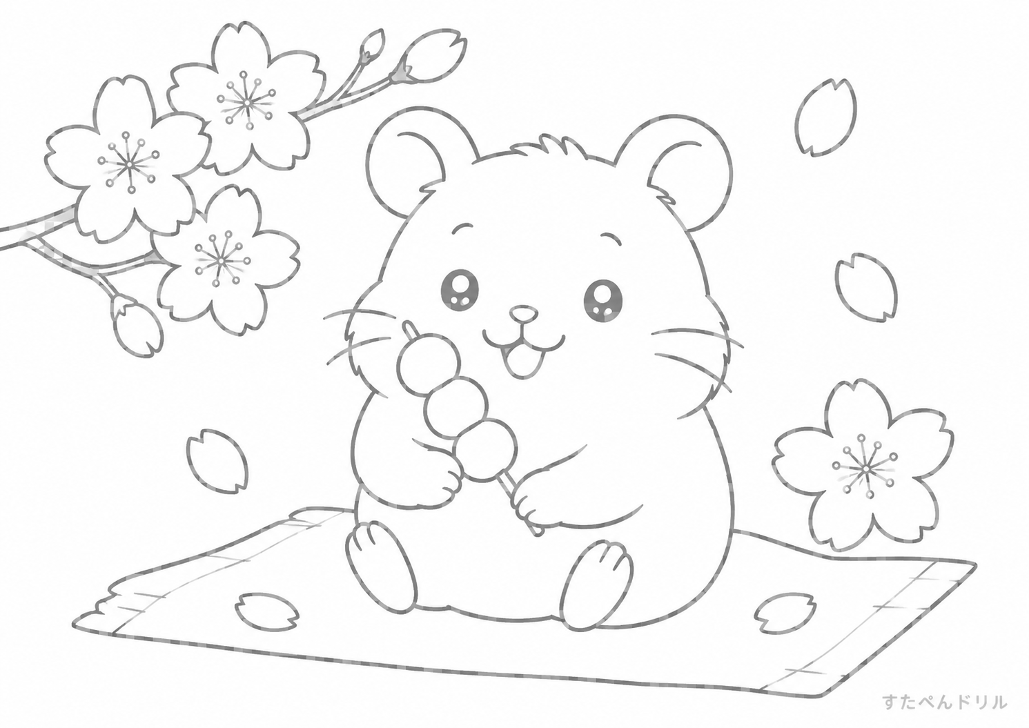 桜とピクニックのハムスター ぬりえプリント A4 無料PDF