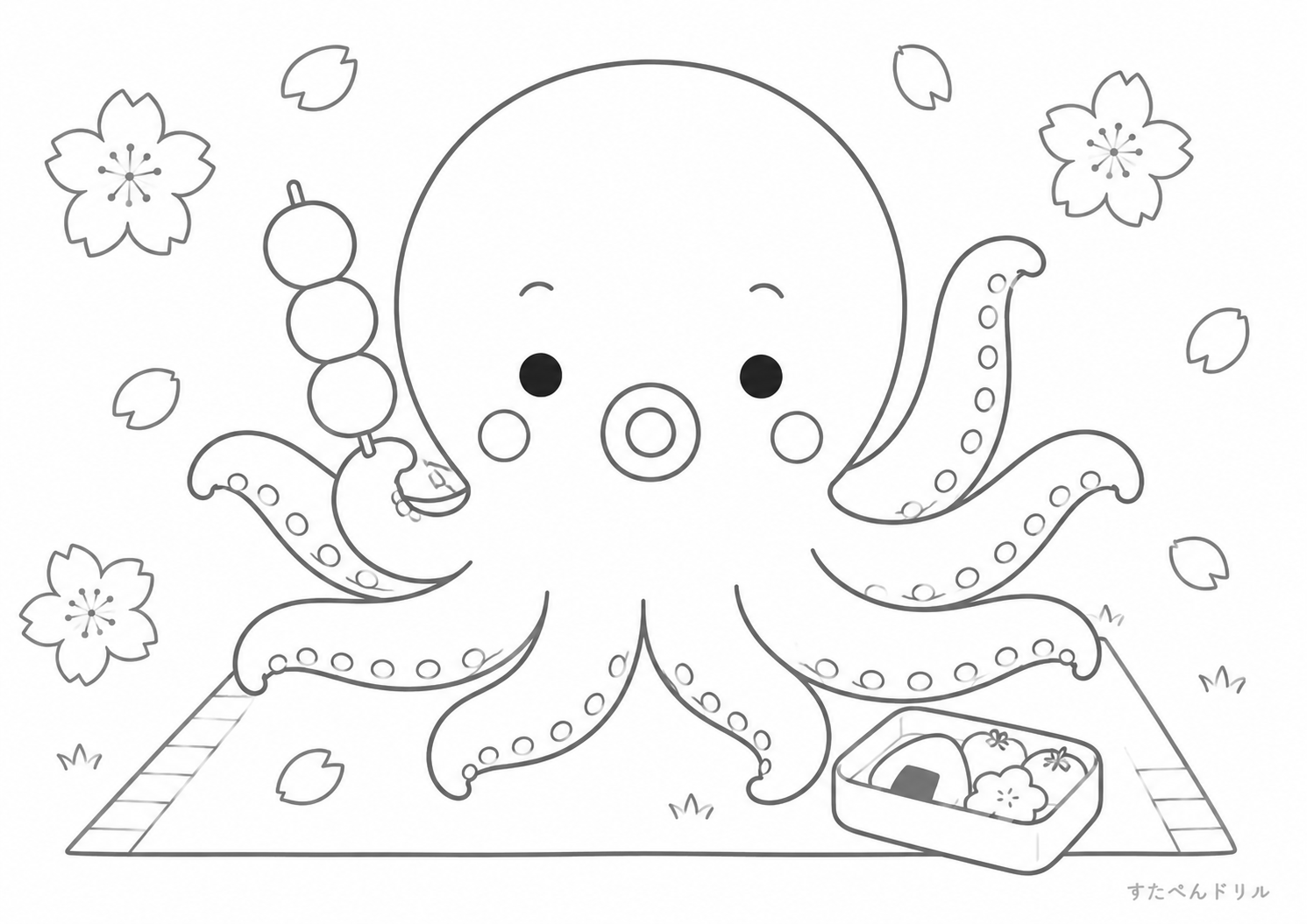 お花見をするタコのぬりえ 無料プリント A4 PDF