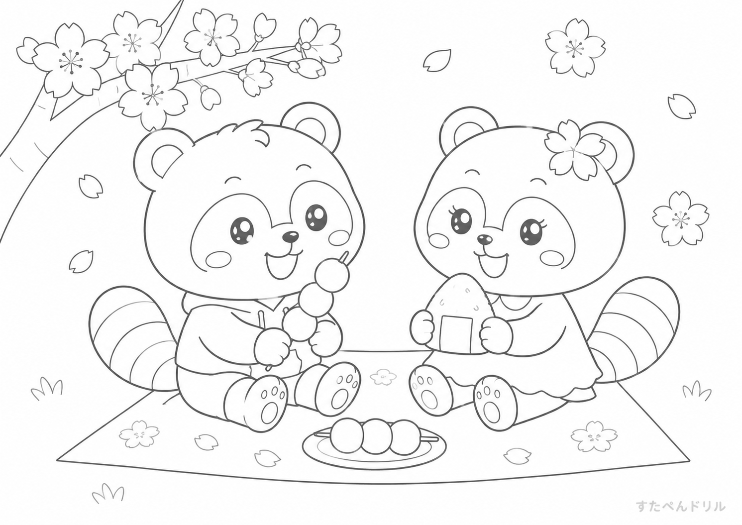 桜ピクニックのたぬきぬりえプリント
