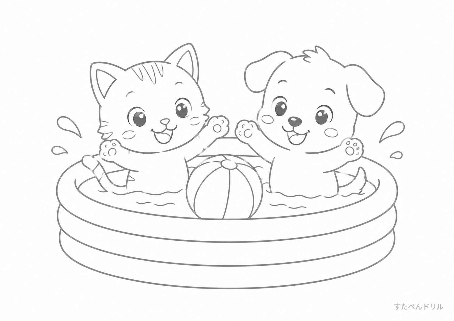 8月のぬりえ「子猫と子犬のプール」無料プリント