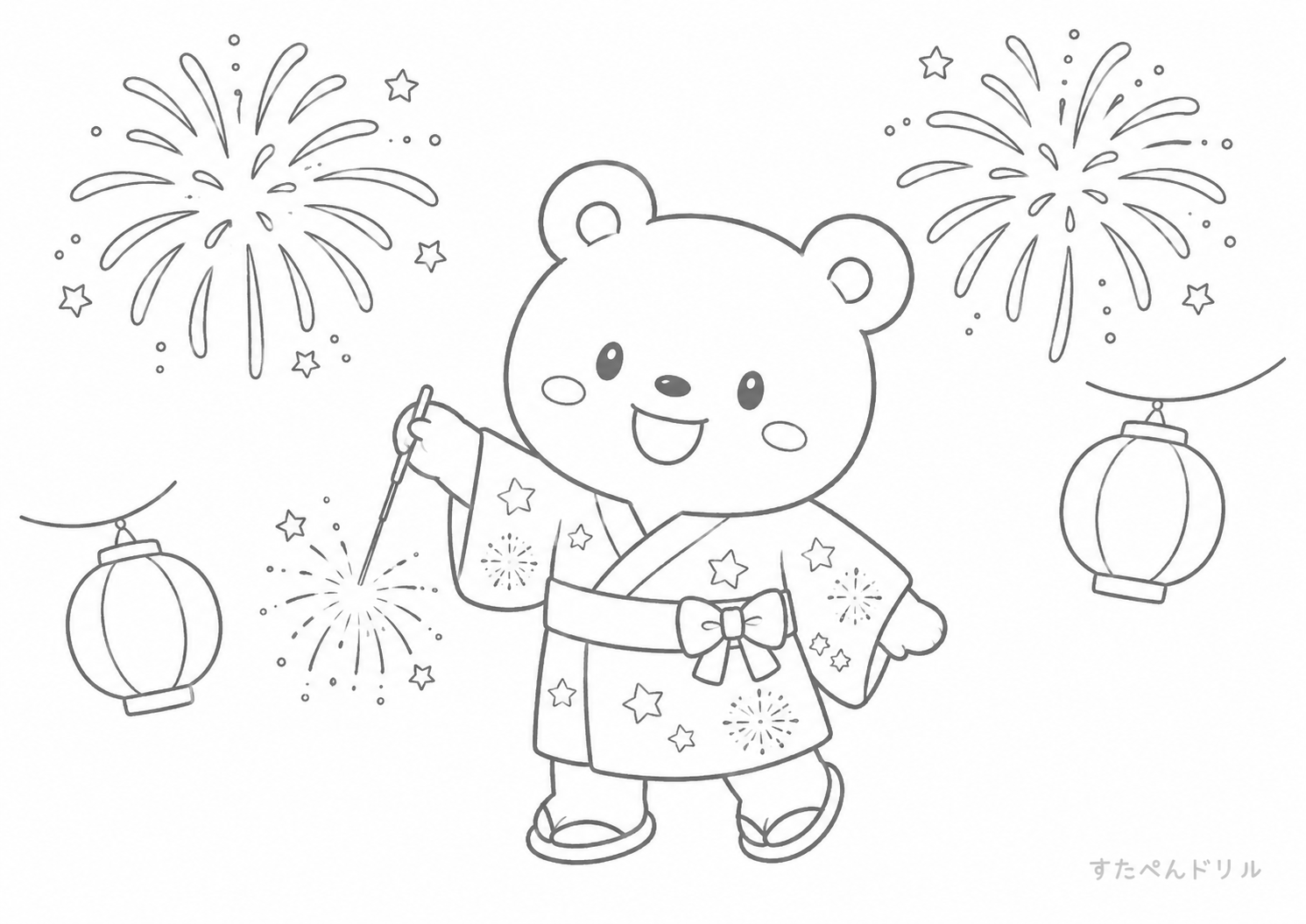 夏祭りのくま 7月塗り絵無料プリント