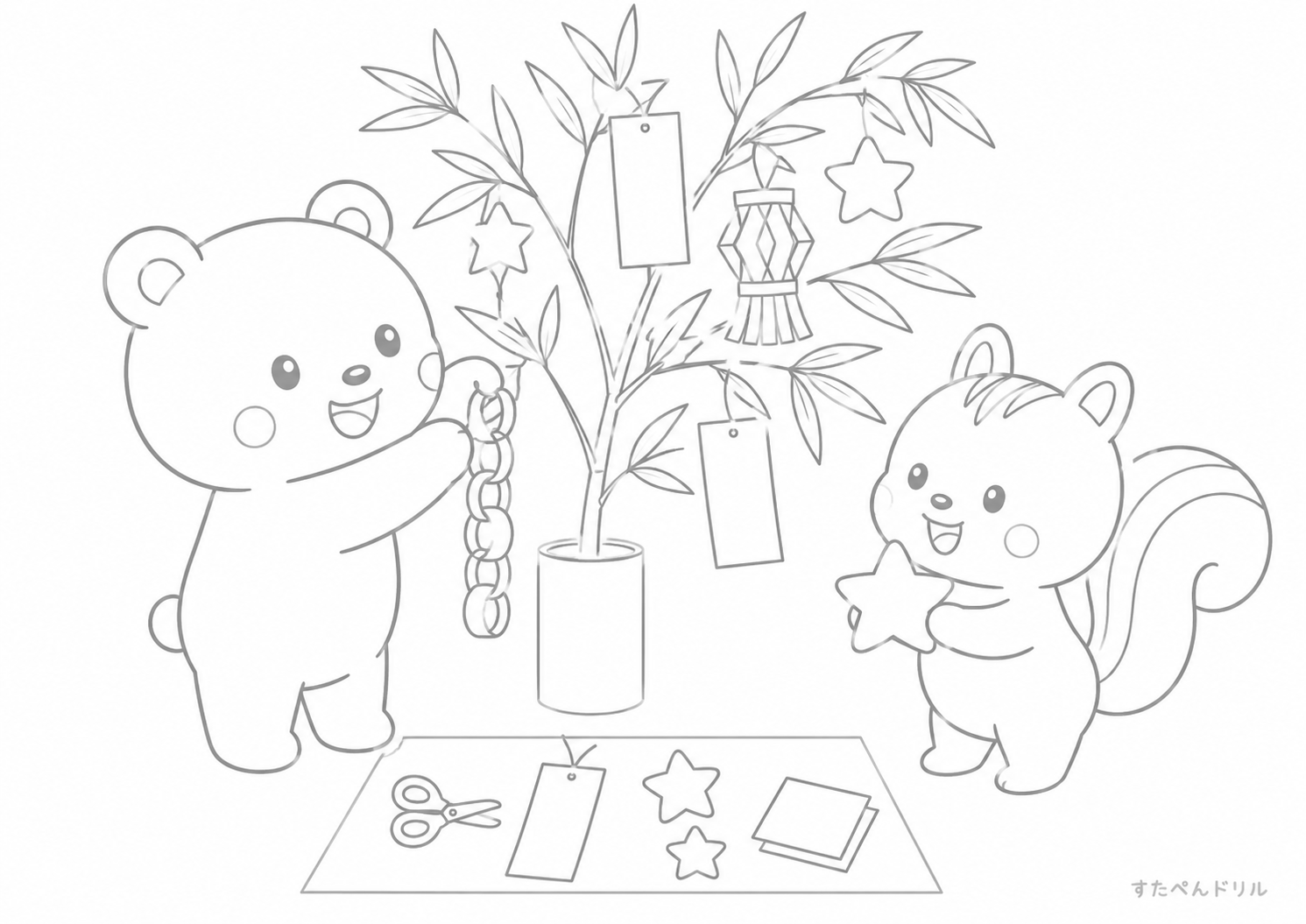 くまとりすの笹飾り 七夕のぬりえ無料プリントPDF