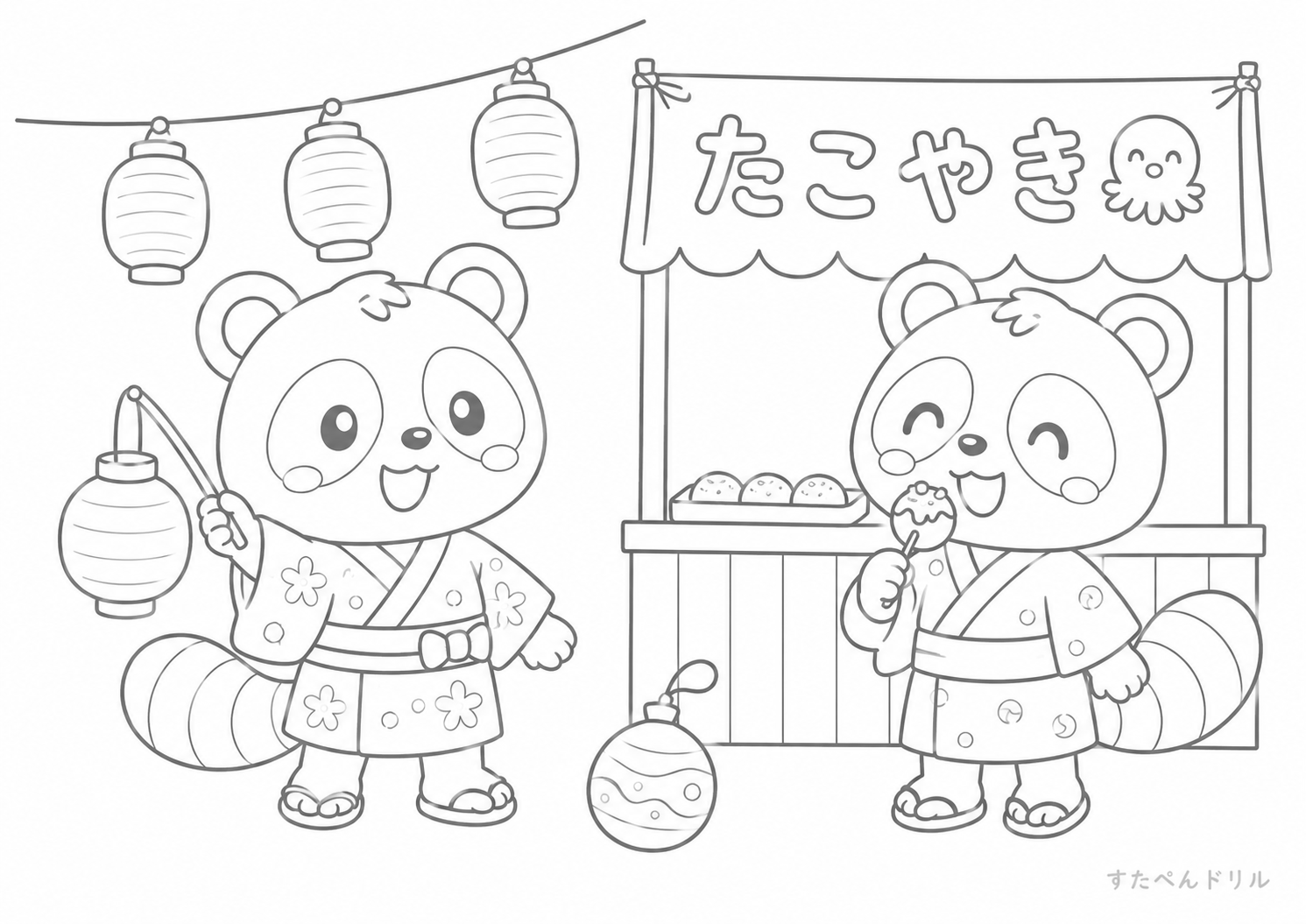 夏祭りのたぬきぬりえプリント