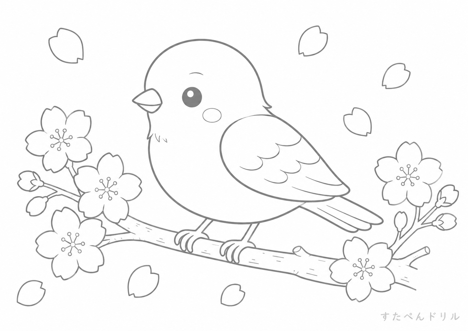 とりのぬりえ 桜と鳥 A4 無料PDFダウンロード印刷