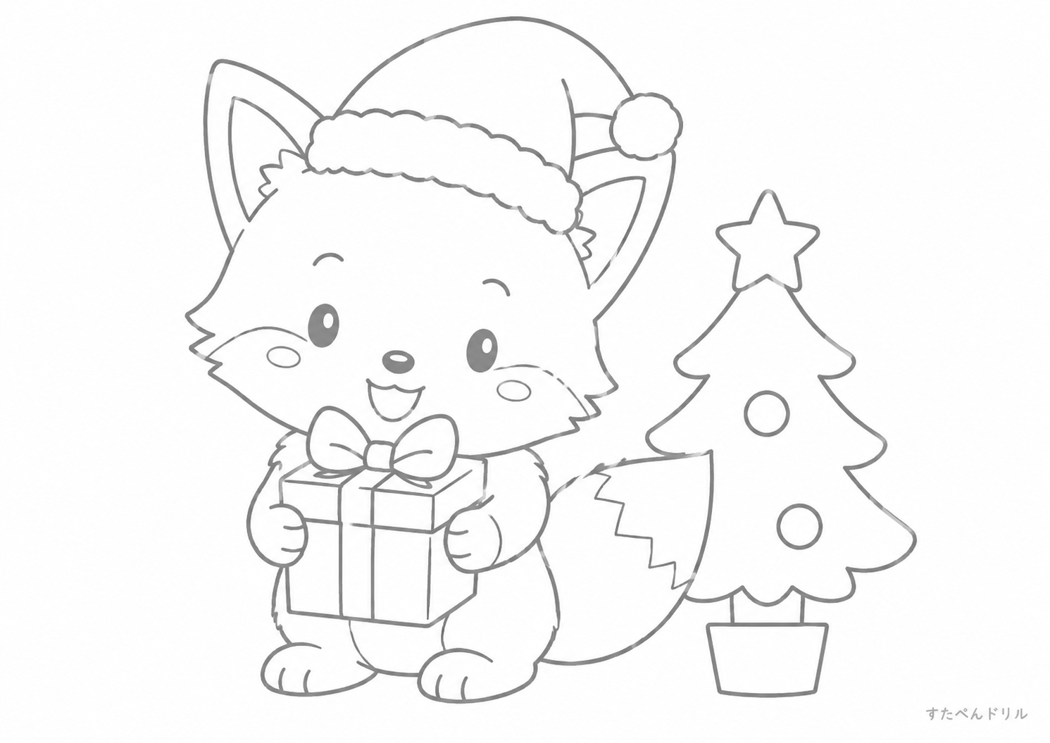 クリスマスのキツネ ぬりえプリント A4 PDF 無料ダウンロード