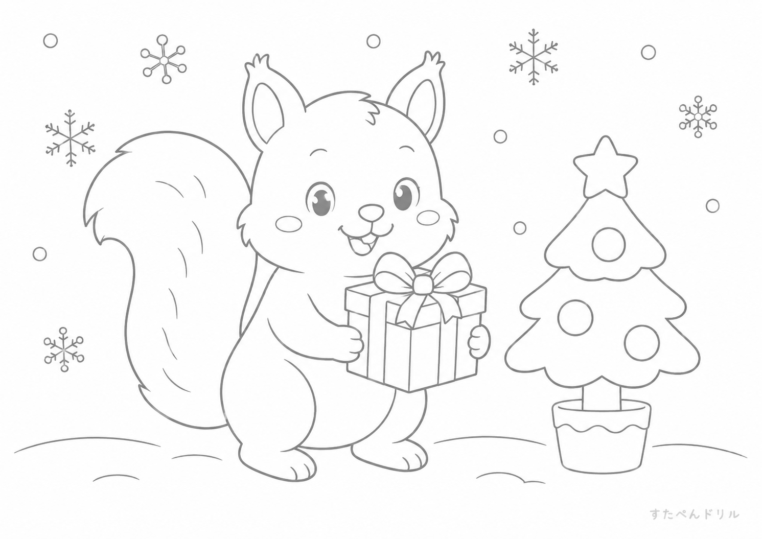クリスマスツリーとリス リス ぬりえ 塗り絵 無料プリント PDF
