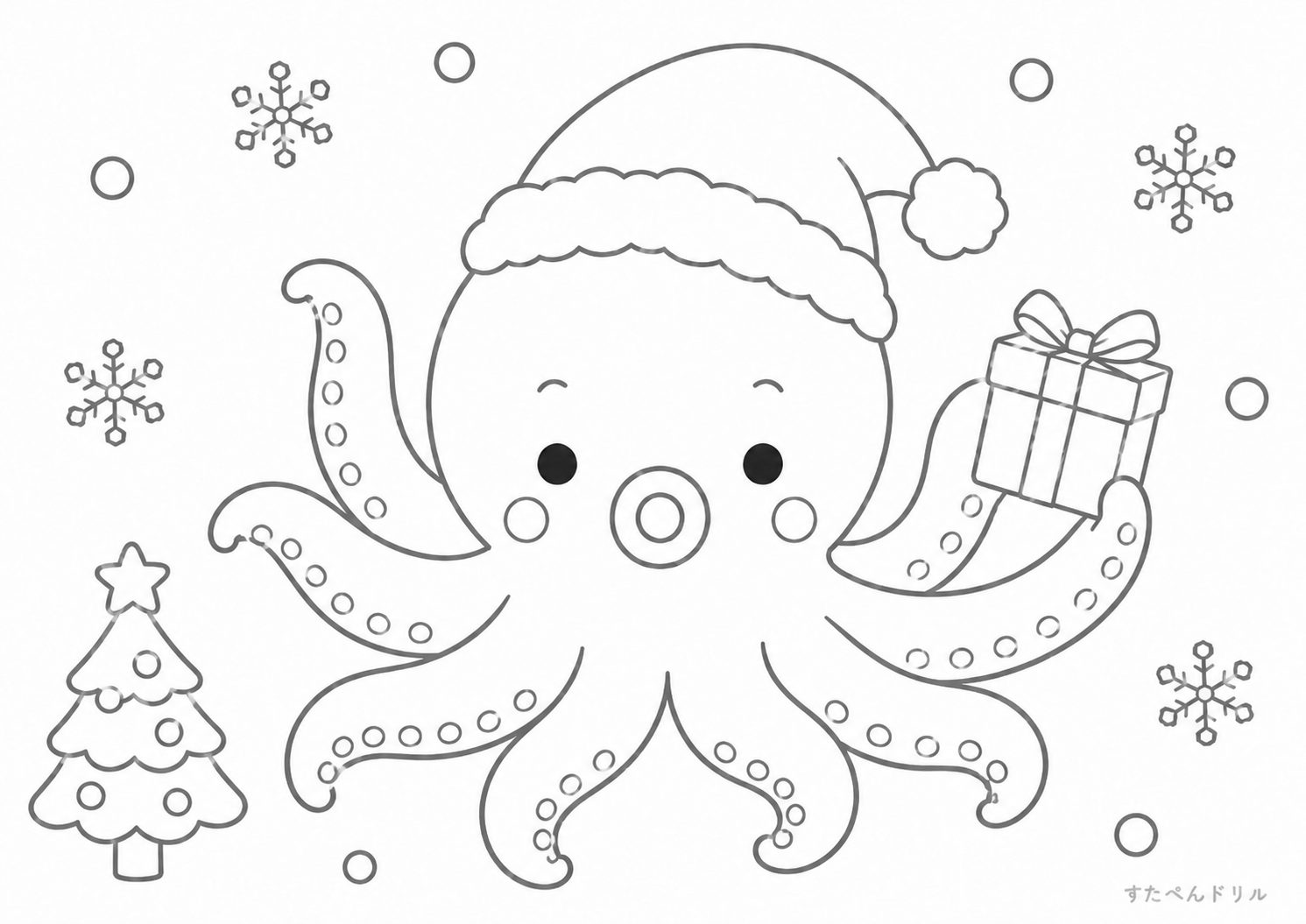 クリスマスのタコのぬりえ 無料プリント A4 PDF