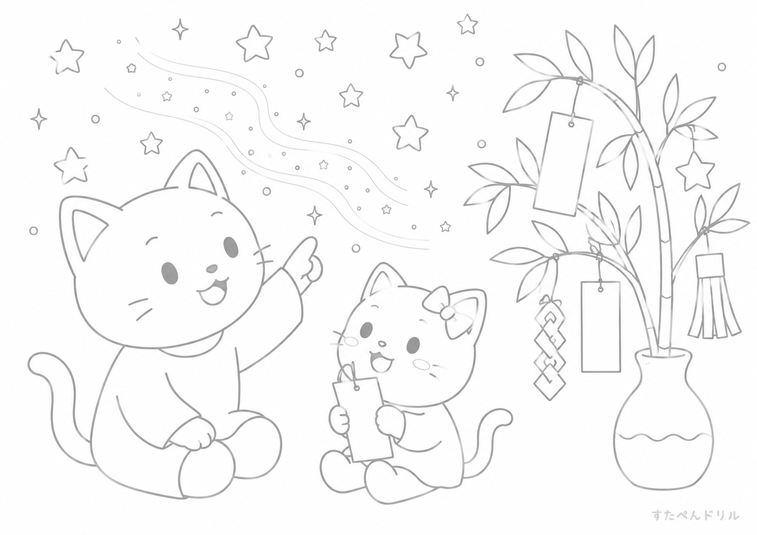 ねこと七夕の夜空 七夕のぬりえ無料プリントPDF