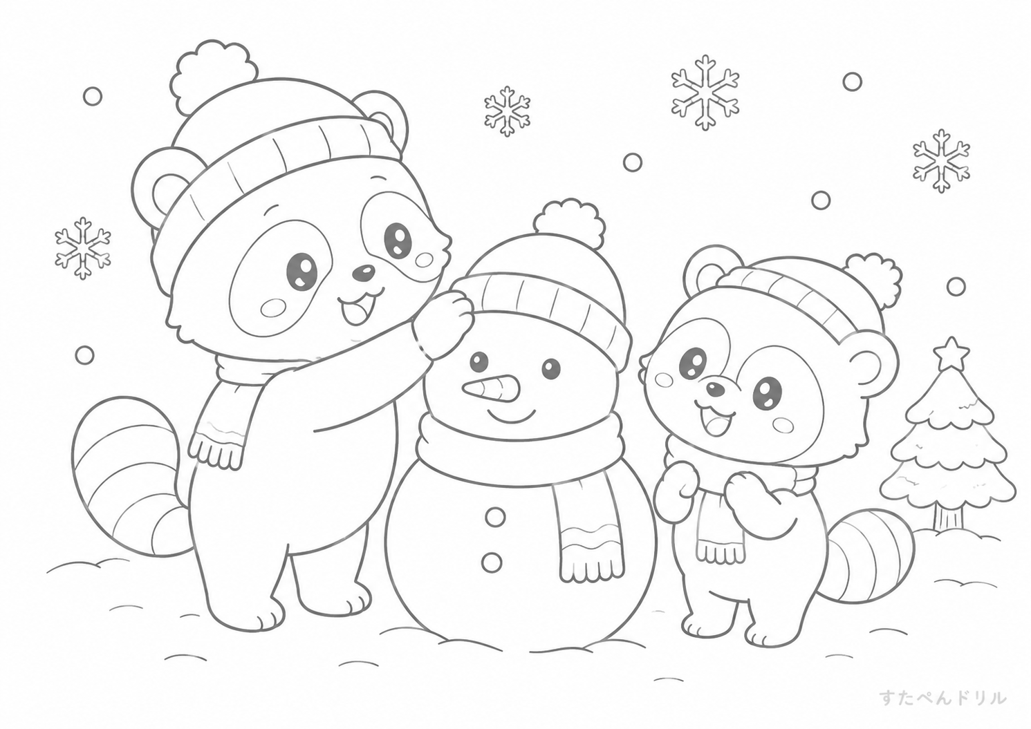 雪だるまとたぬきのぬりえプリント