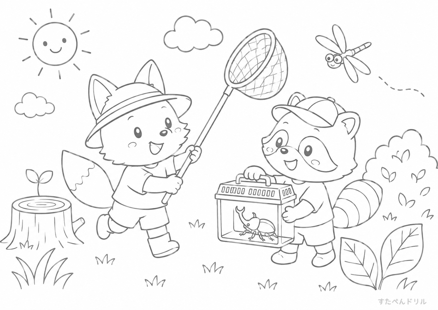 8月のぬりえ「動物たちの虫取り」無料プリント