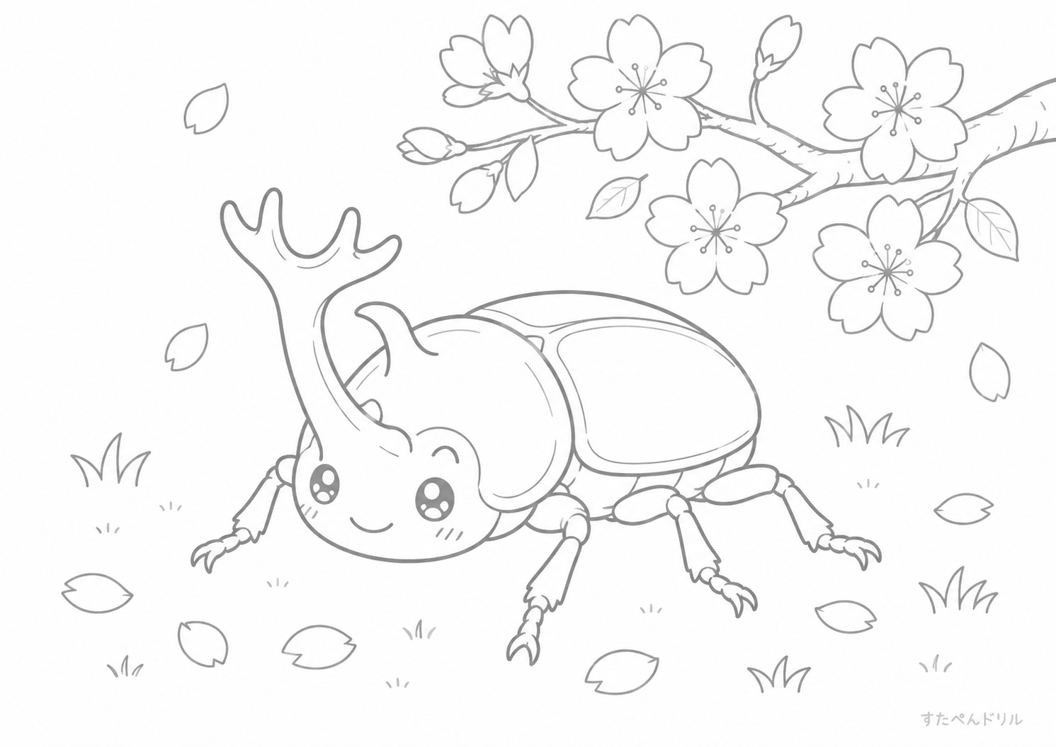 桜とカブトムシ カブトムシのぬりえプリント PDF無料ダウンロード
