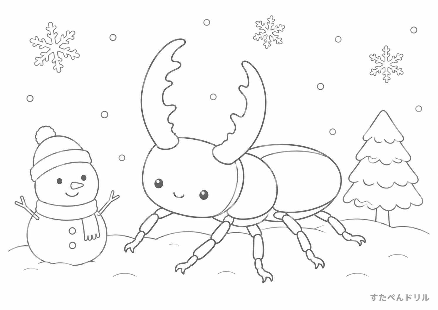 雪だるまとクワガタのクワガタぬりえ無料プリント