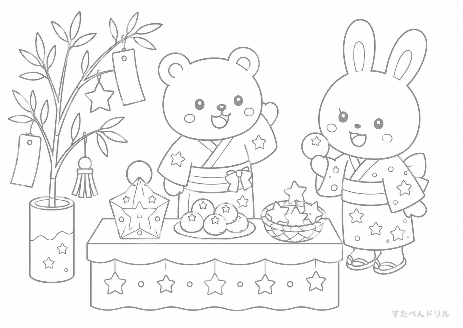 動物たちの七夕まつり 七夕のぬりえ無料プリントPDF