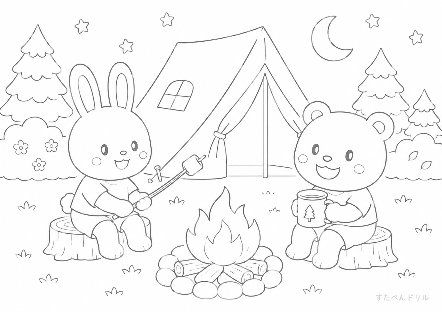 8月のぬりえ「動物たちのキャンプ」無料プリント