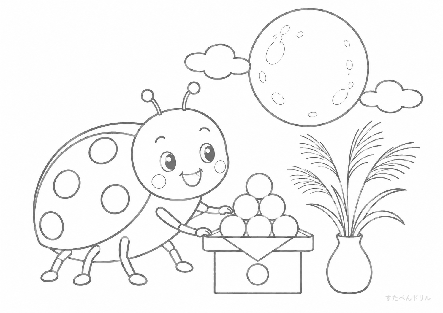 秋のお月見 てんとう虫のぬりえ無料プリント