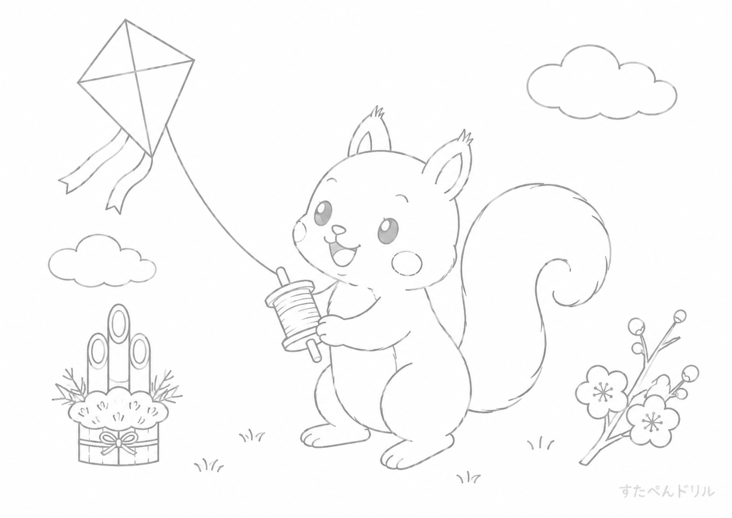 お正月のたことリス リス ぬりえ 塗り絵 無料プリント PDF