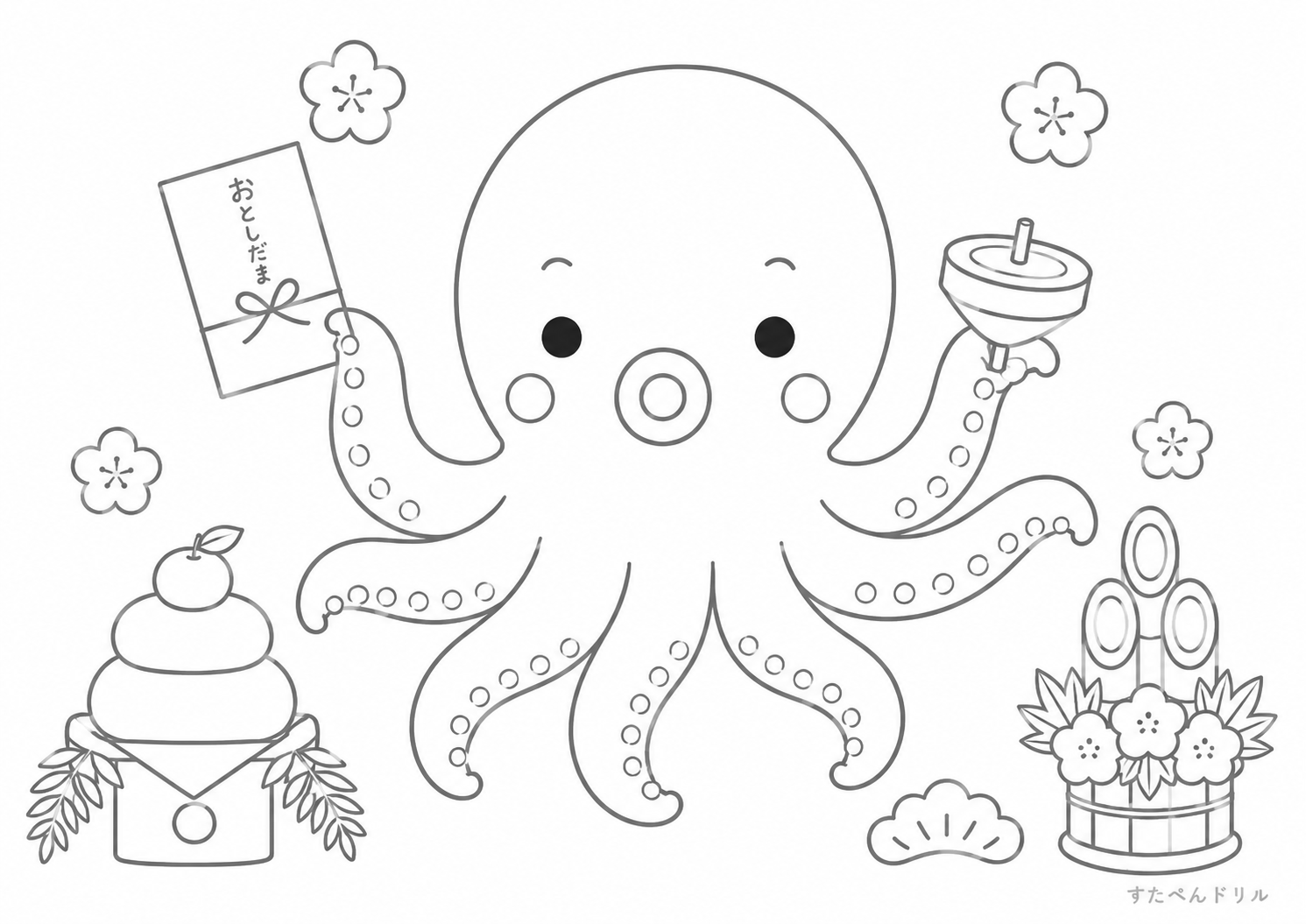 お正月のタコのぬりえ 無料プリント A4 PDF